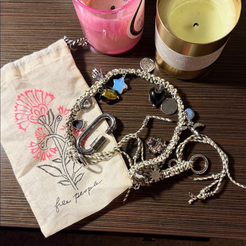 Free People Silver Braided purse charm with Multicolored Glass Charms